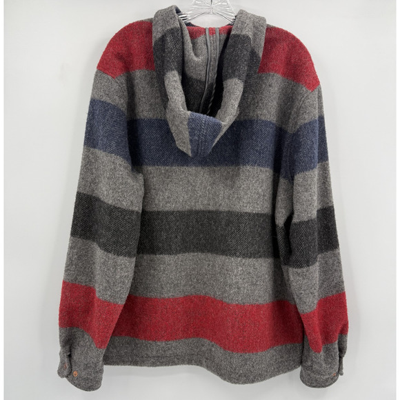 Woolrich Pullover Sweater Mens Large Gray Red Blue Striped Hooded Wool USA Made - Picture 5 of 6